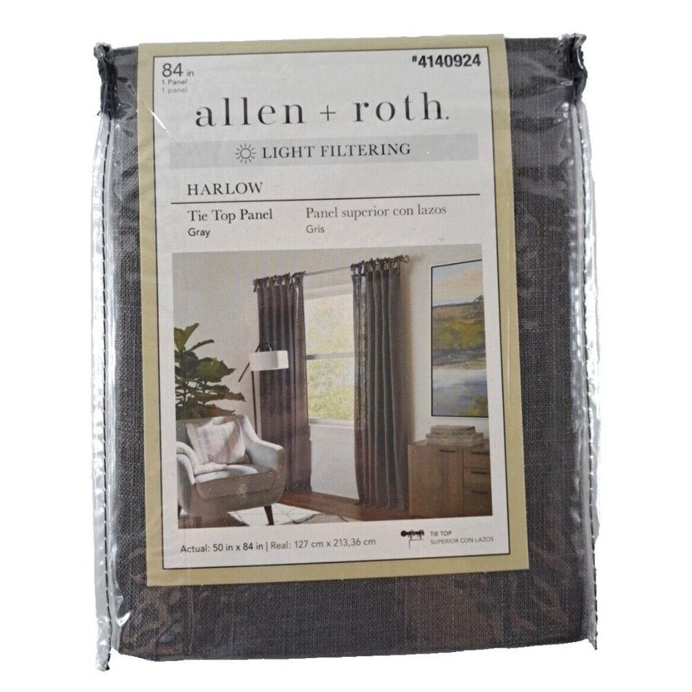 NEW Allen + Roth Curtain Panel Harlow Gray Tie Top Modern Chic Elegant 50x84